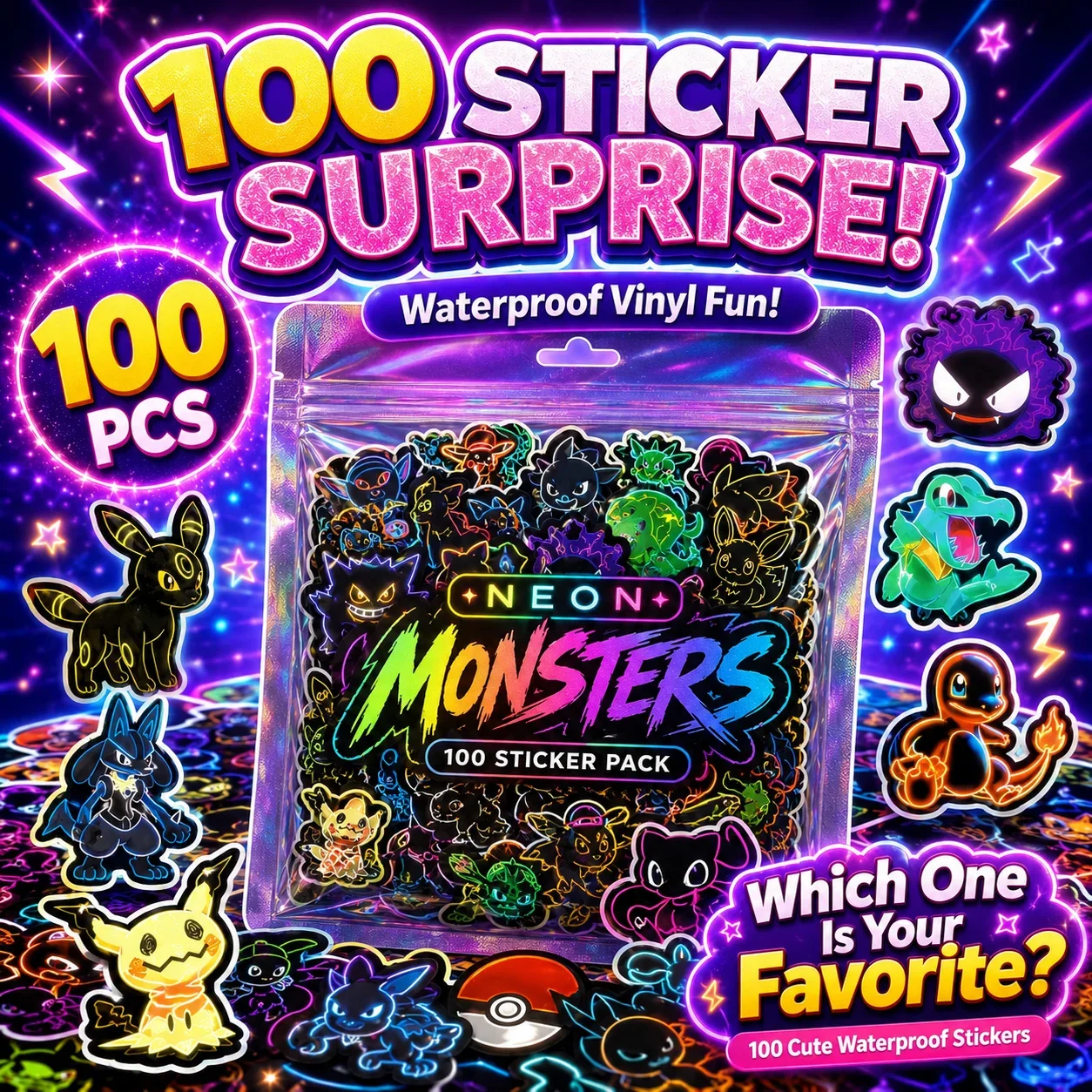 100pcs Neon  Pokémon  Stickers - Skateboard ulasan dan harga